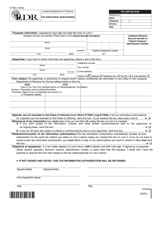 Form R-7004 - Tax Information Authorizatio Form - 2004 - Louisiana Department Of Revenue Printable pdf