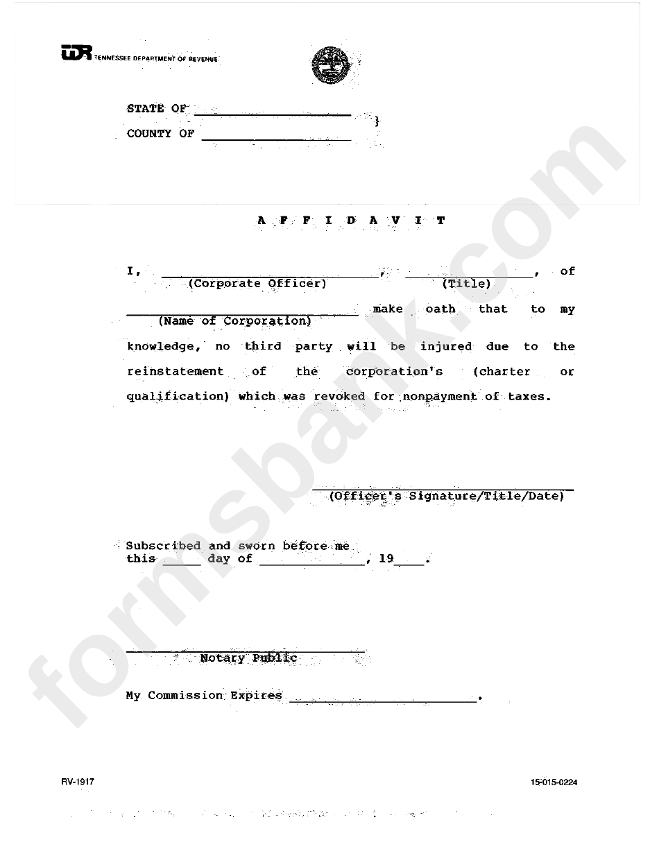 Form Rv-1917 - Affidavit Corporate Officer - Tennesee Department Of Revenue