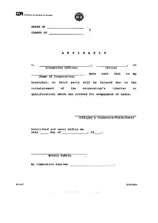 Form Rv-1917 - Affidavit Corporate Officer - Tennesee Department Of Revenue Printable pdf