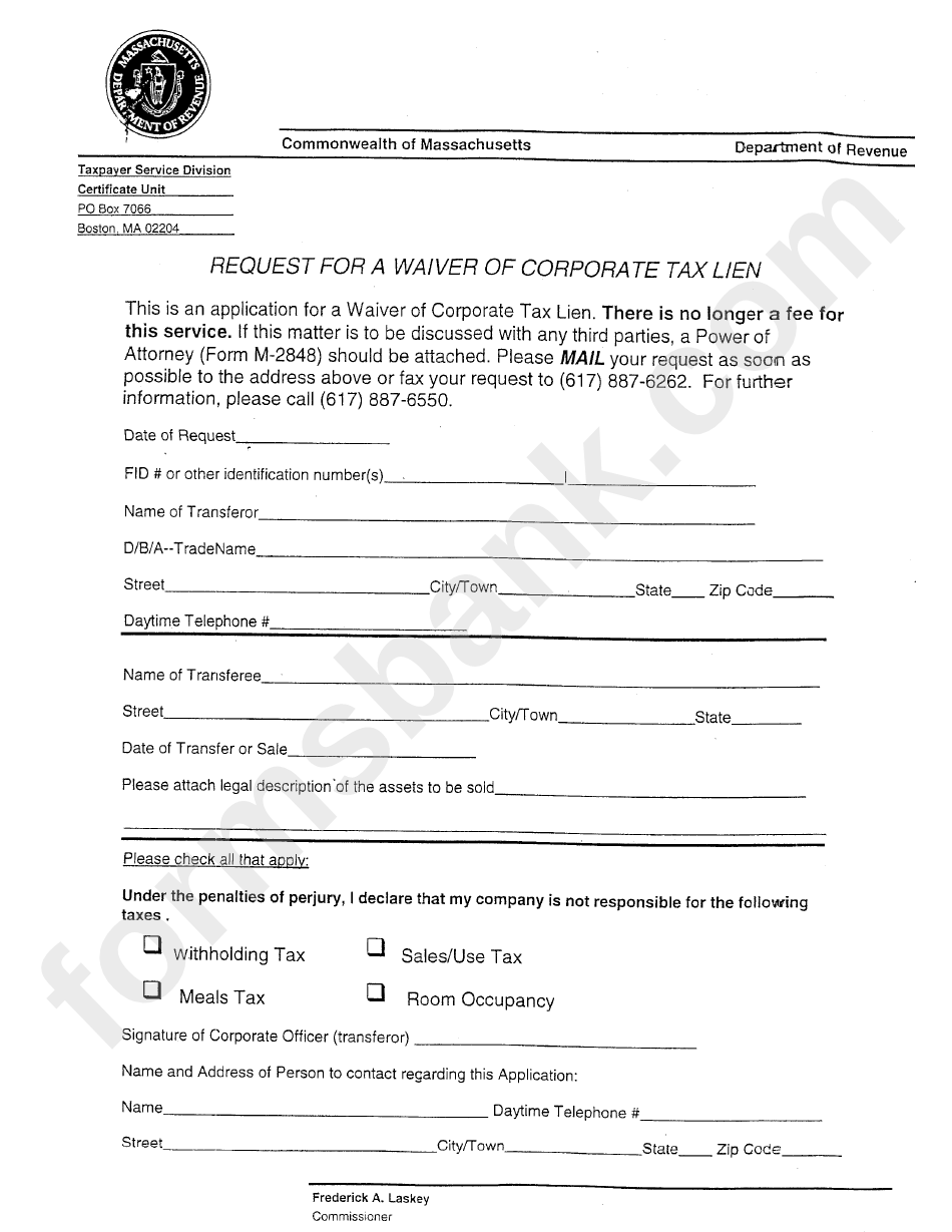 Request For A Waiver Of Corporate Tax Lien Form - Commonwealth Of Massachusetts Department Of Revenue