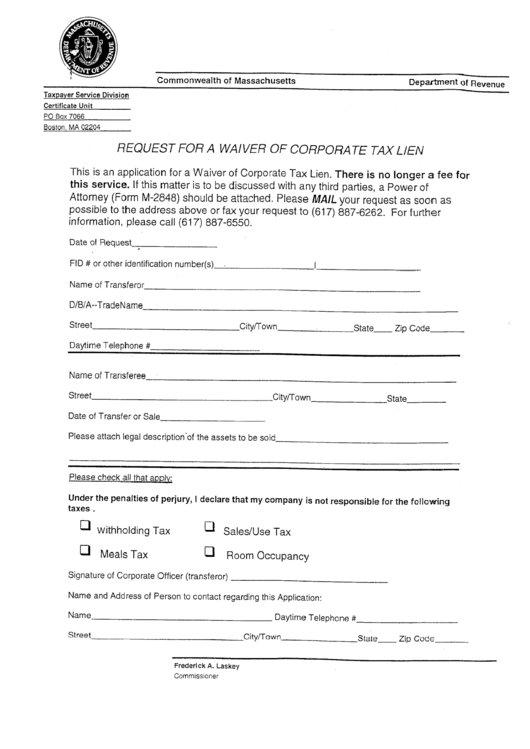 Request For A Waiver Of Corporate Tax Lien Form - Commonwealth Of Massachusetts Department Of Revenue Printable pdf