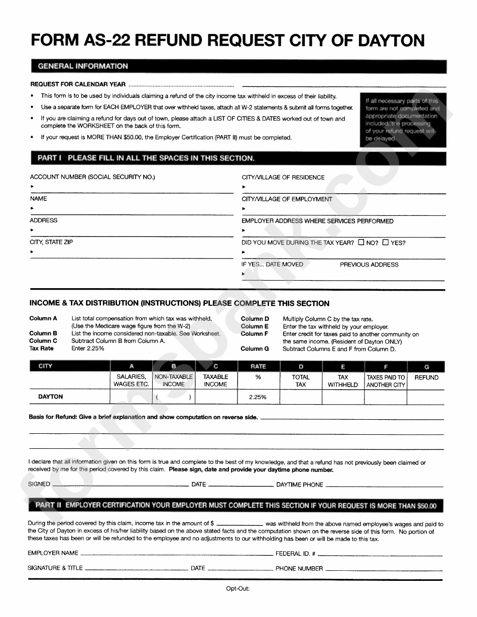 Form As-22 - Refund Request City Of Dayton