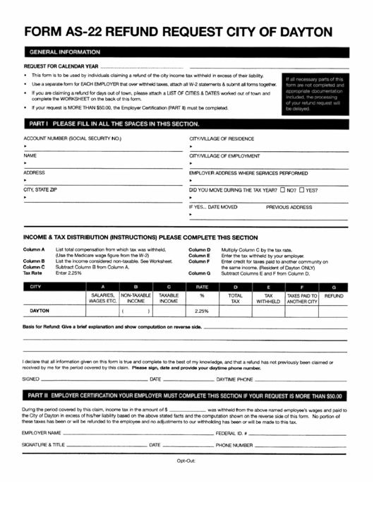 Form As-22 - Refund Request City Of Dayton Printable pdf