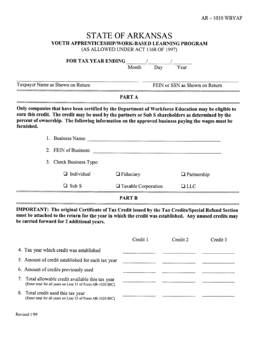 Form Ar-1010wbyap - State Of Arkansas - Youth Apprenticeship/work-Based Learning Program Printable pdf
