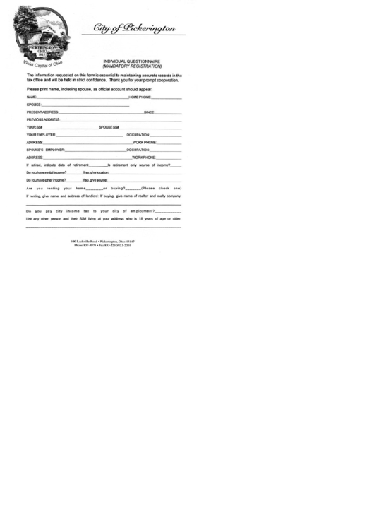 Individual Questionnaire (Mandatory Registration) Template - City Of Pickerington Printable pdf