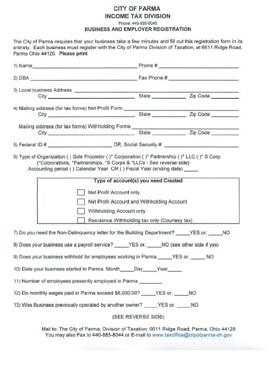 Business And Employer Registration Template - Parma Income Division Printable pdf