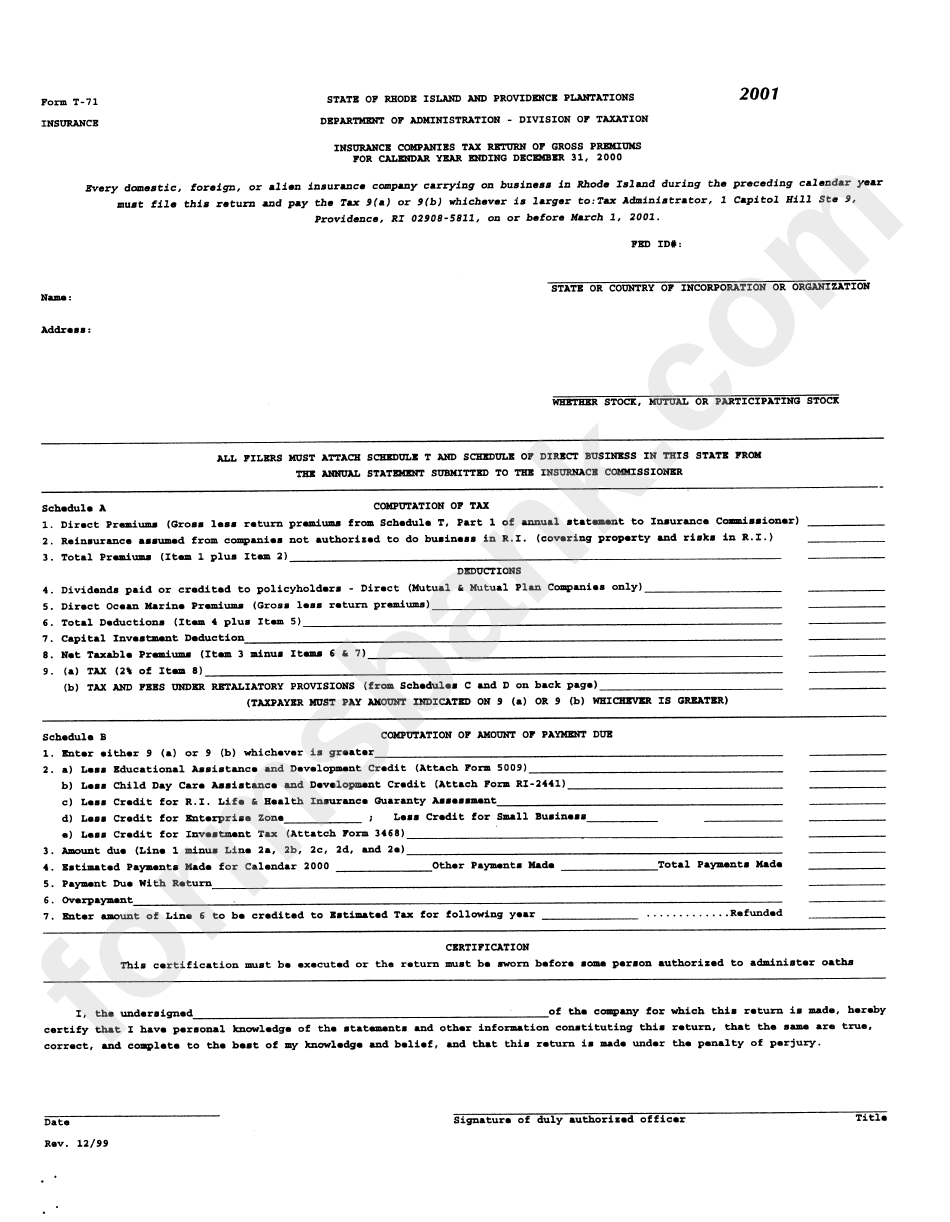 Form T-71 - Insurance Companies Tax Return Of Gross Premiums For 200