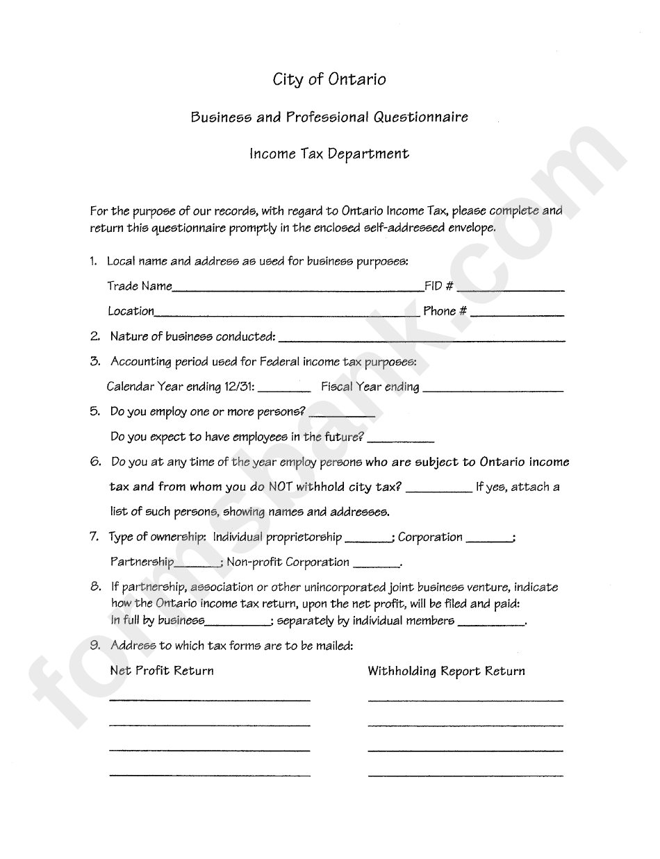 Business And Professional Questionnaire Template - City Of Ontario Income Tax Department