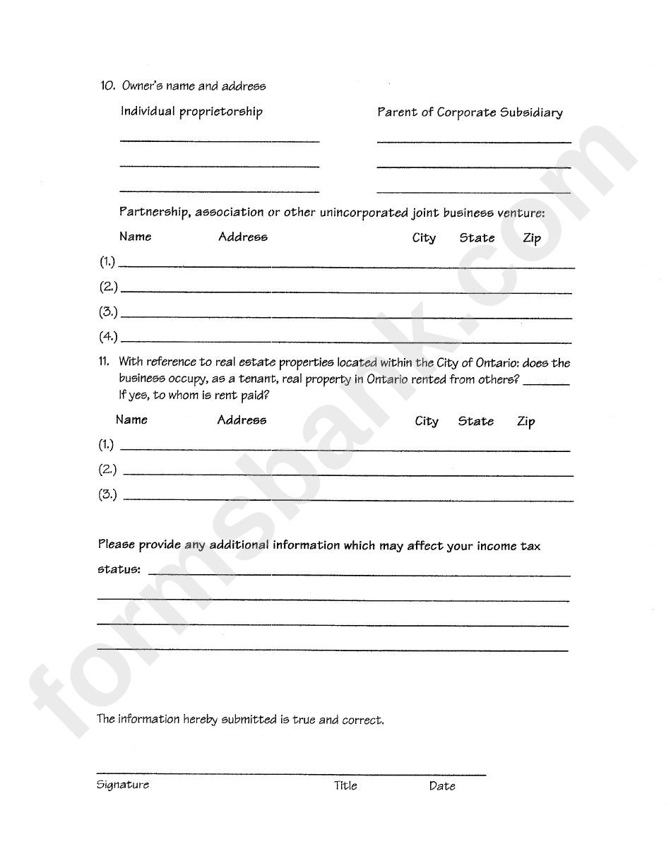 Business And Professional Questionnaire Template - City Of Ontario Income Tax Department