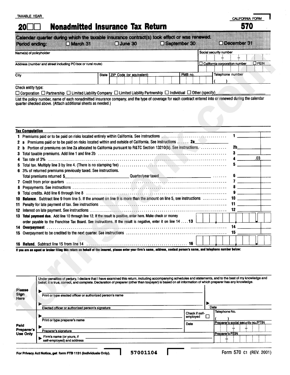 Form 570 Nonadmitted Insurance Tax Return State Of California 