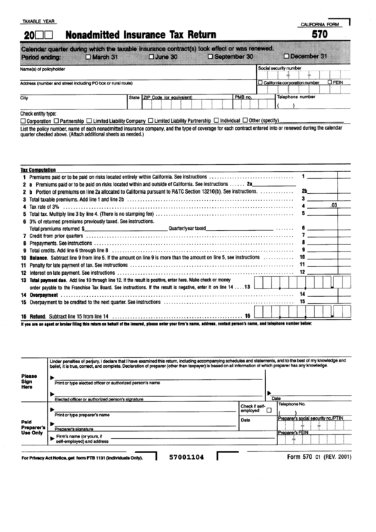 Form 570 - Nonadmitted Insurance Tax Return - State Of California Printable pdf