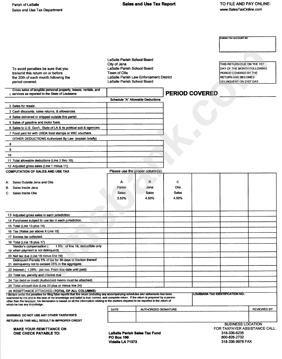 Sales And Use Tax Report Form - Lassale Parish Sales And Use Tax Department