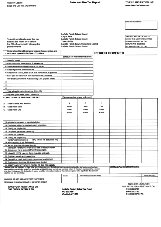Sales And Use Tax Report Form - Lassale Parish Sales And Use Tax Department Printable pdf