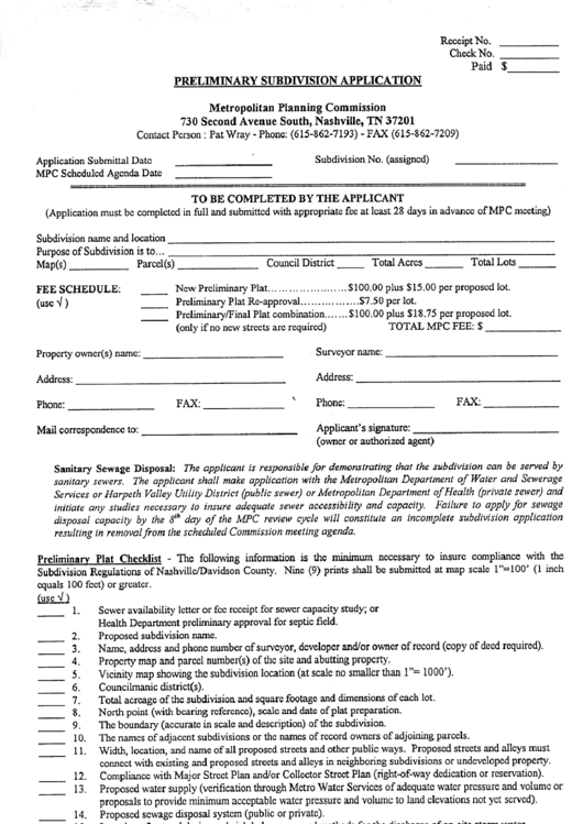 Preliminary Subdivision Application Form - State Of Tennessee Printable pdf