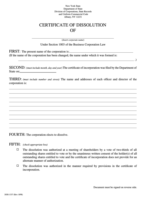 Fillable Form For A Certificate Of Dissolution Printable pdf