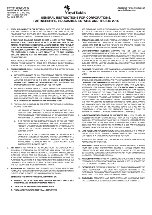 Instructions For Corporations, Partnerships, Fiduciaries, Estates And Trusts - City Of Dublin For 2015 Printable pdf
