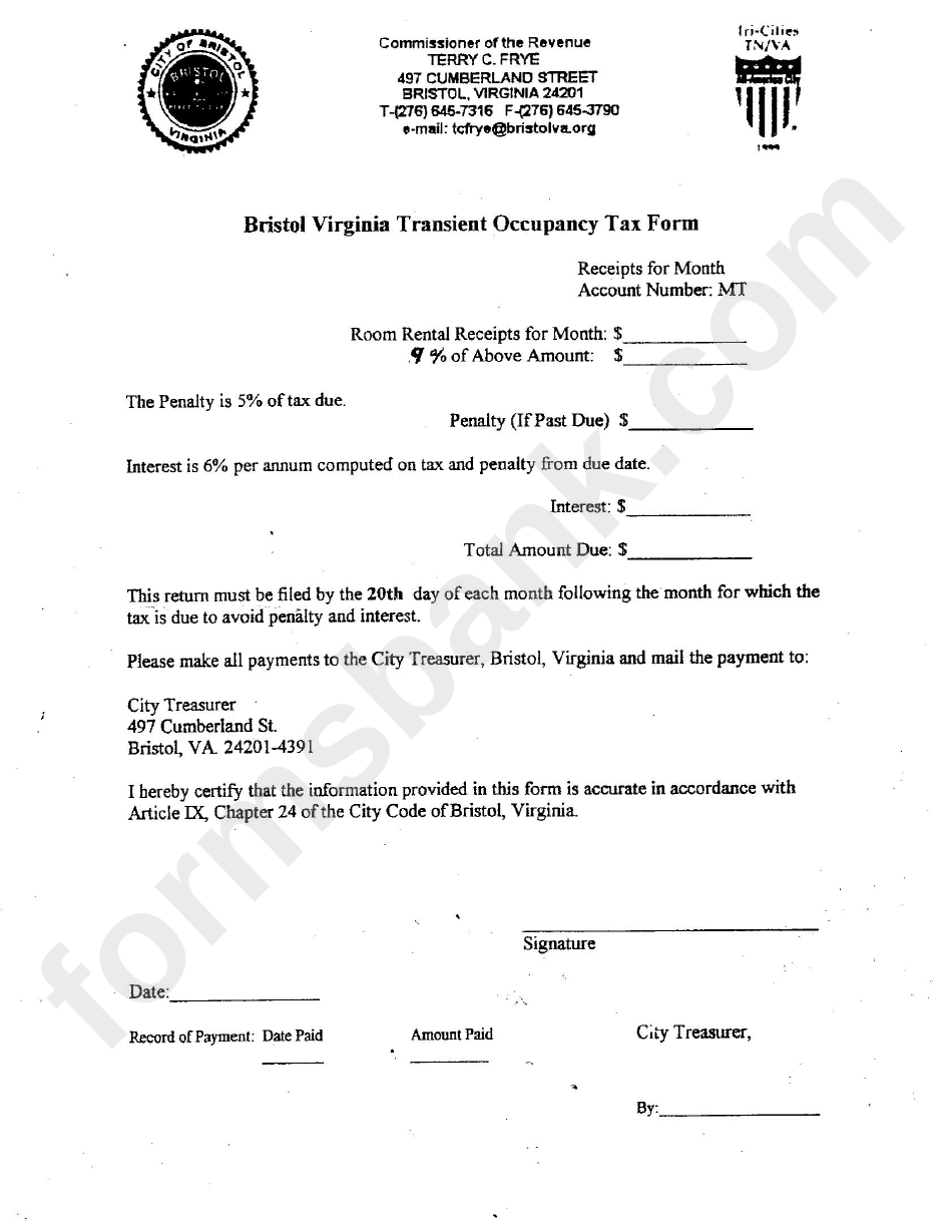 Bristol Virginia Transient Occupancy Tax Form