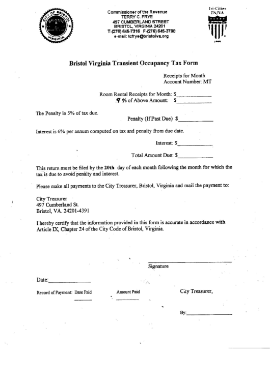Bristol Virginia Transient Occupancy Tax Form Printable pdf