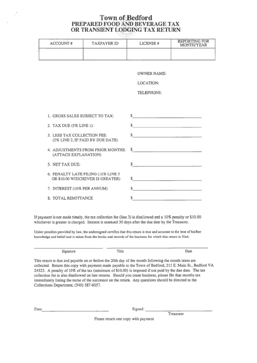 Prepared Food And Beverage Tax Or Transient Lodging Tax Return Form - State Of Virginia Printable pdf