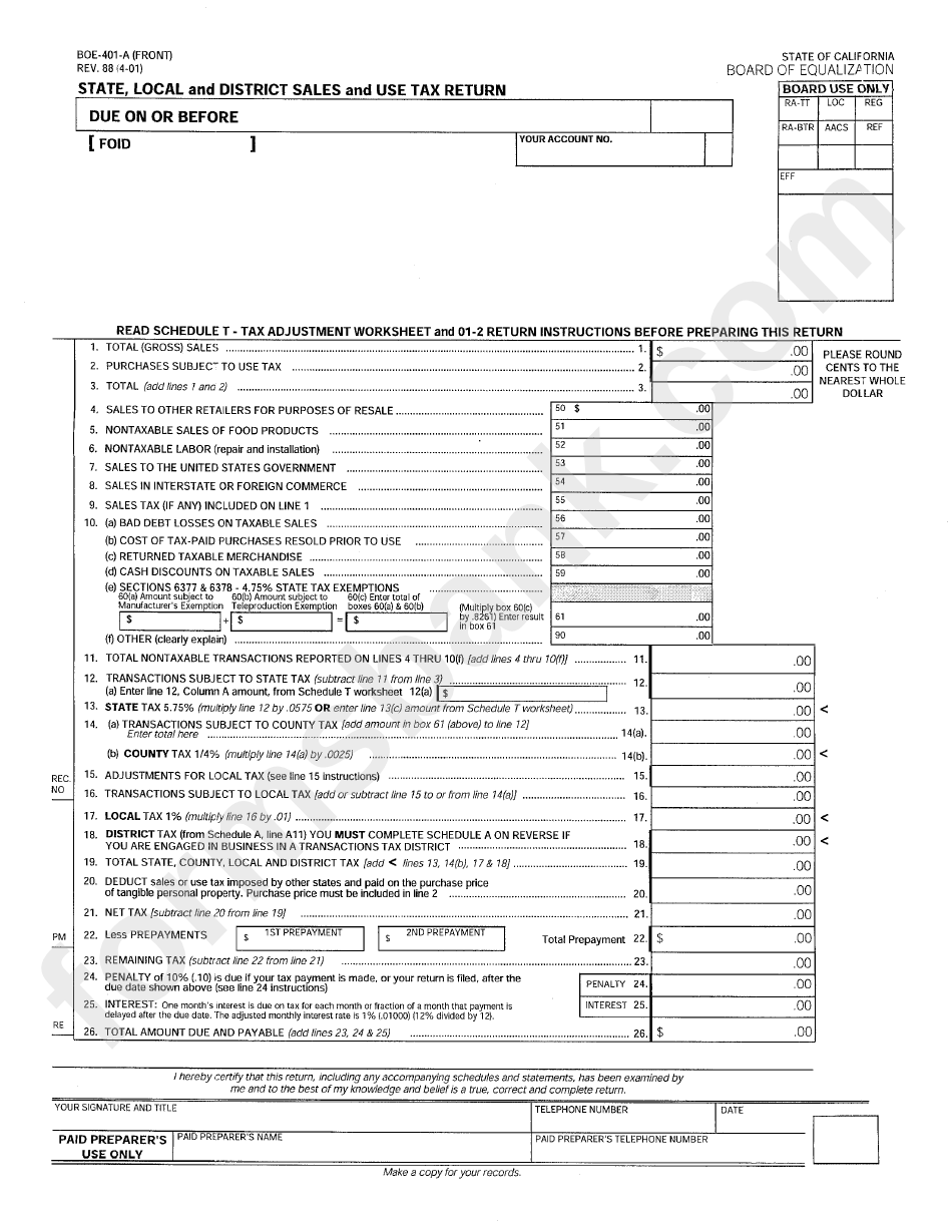 Form Boe-401-A - State, Local And District Sales And Use Tax Return - California