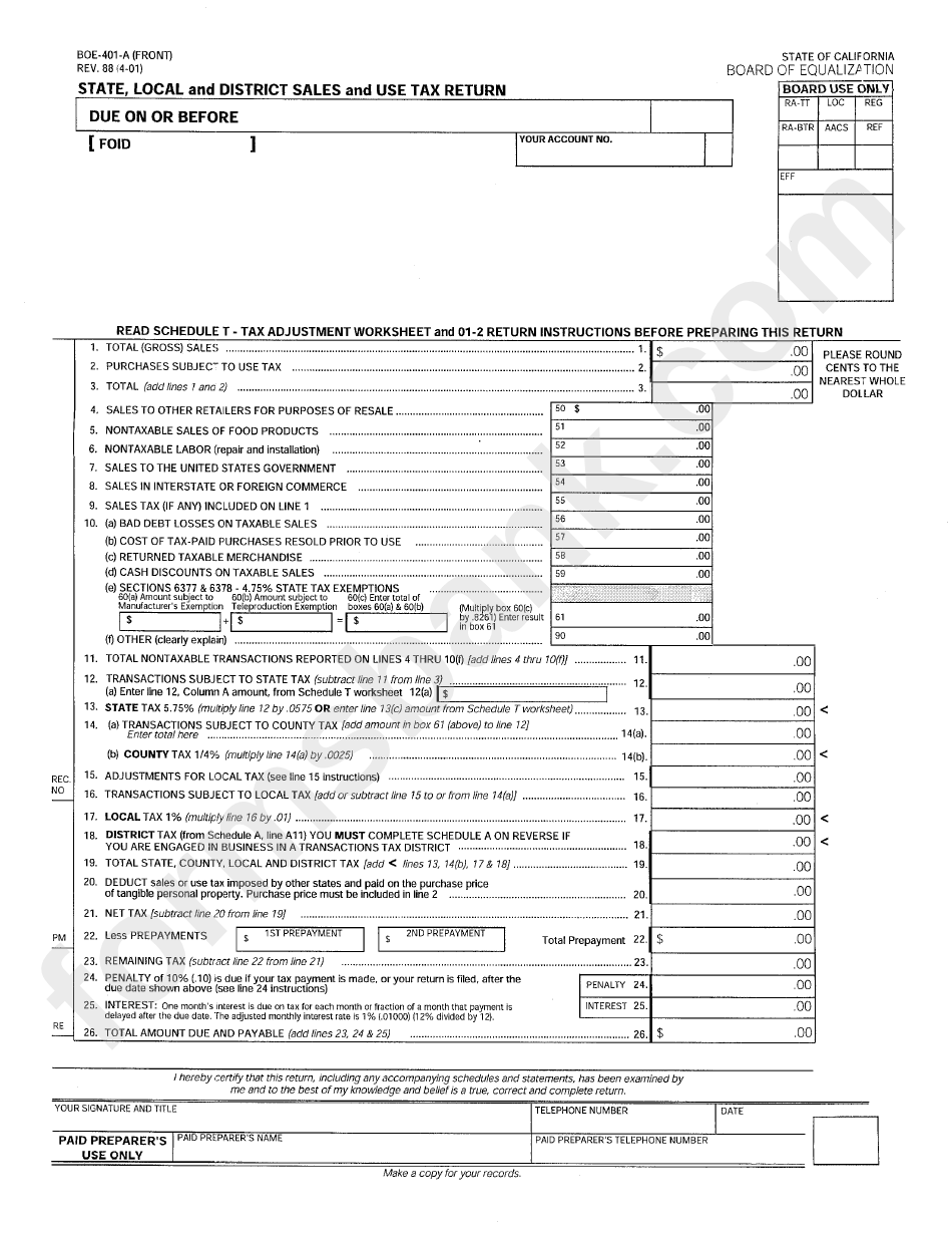 Form Boe 401 A State Local And District Sales And Use Tax Return 