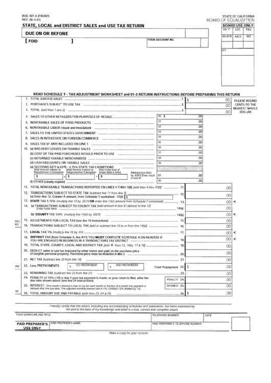 Form Boe-401-A - State, Local And District Sales And Use Tax Return - California Printable pdf