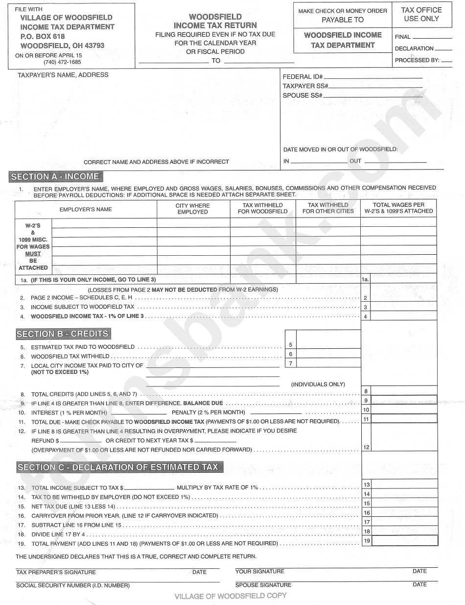 Woodsfield Income Tax Return Form State Of Ohio Printable Pdf Download