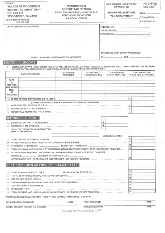 Download Woodsfield Income Tax Return Form - State Of Ohio printable pdf download