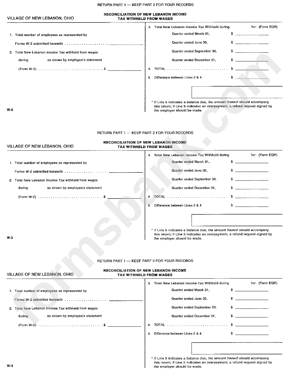 Form W-3 - Reconcilition Of New Lebanon Income Tax Withheld From Wages