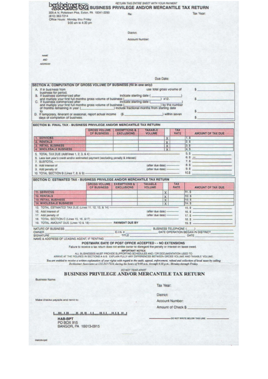 Business Privilege And/or Mercantile Tax Return Form