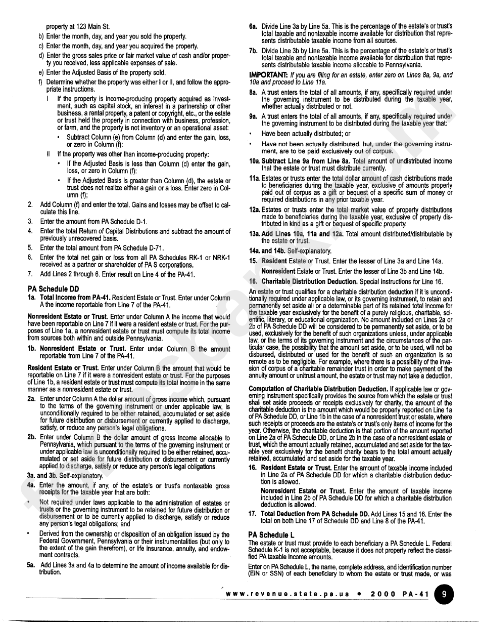 Instructions For Form Pa-41 - State Of Pennsylvania
