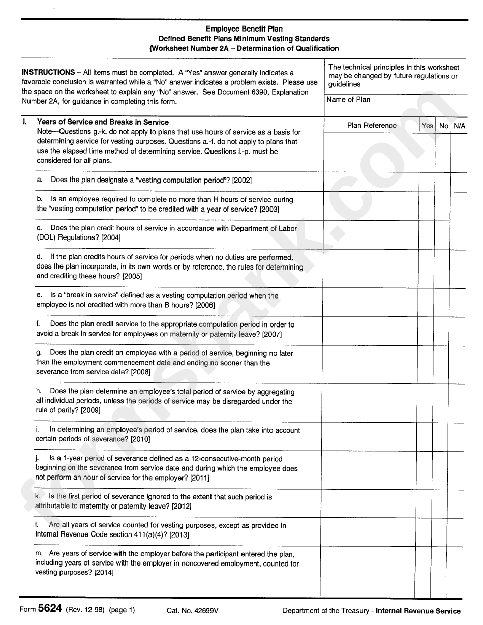 Form 5624 - 1998 -Employee Benefit Plen (Worksheet Number 2a - Detrmination Of Qualification) - Department Of The Treasury