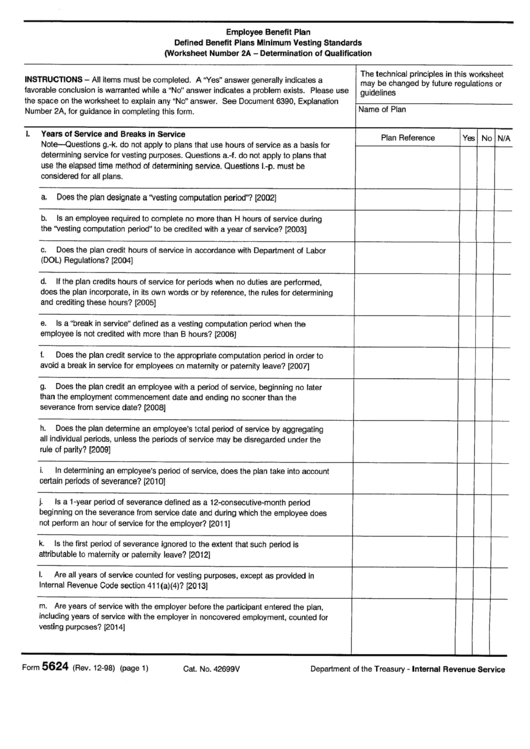 Form 5624 - 1998 -Employee Benefit Plen (Worksheet Number 2a - Detrmination Of Qualification) - Department Of The Treasury Printable pdf
