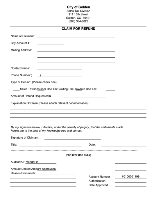 Claim For Refund Form - City Of Golden Sales Tax Division Printable pdf
