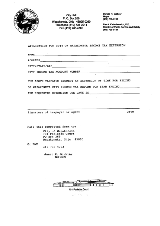 Application Form For City Of Wapakoneta Income Tax Extension - State Of Ohio Printable pdf