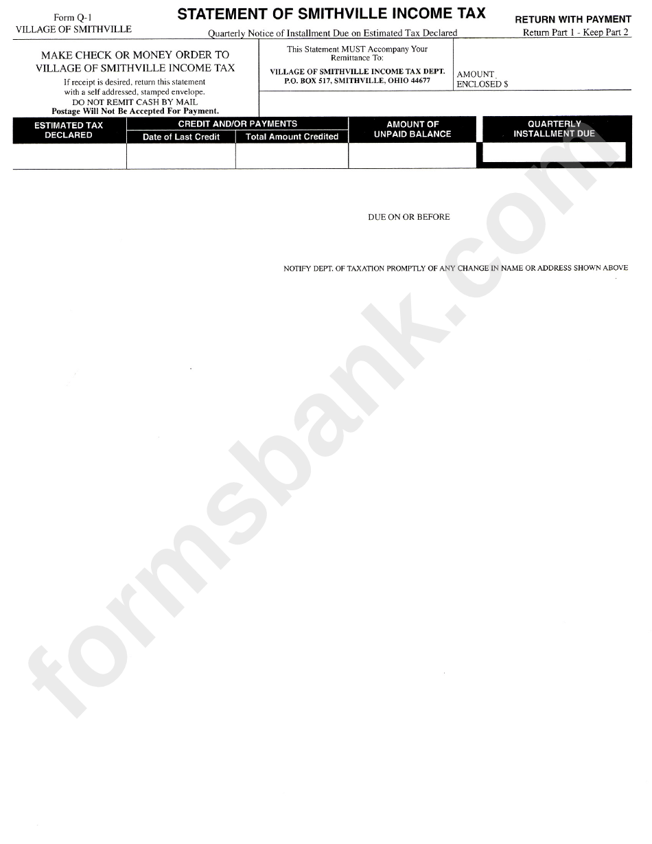 Form Q-1 - Statement Of Smithville Income Tax - State Of Ohio