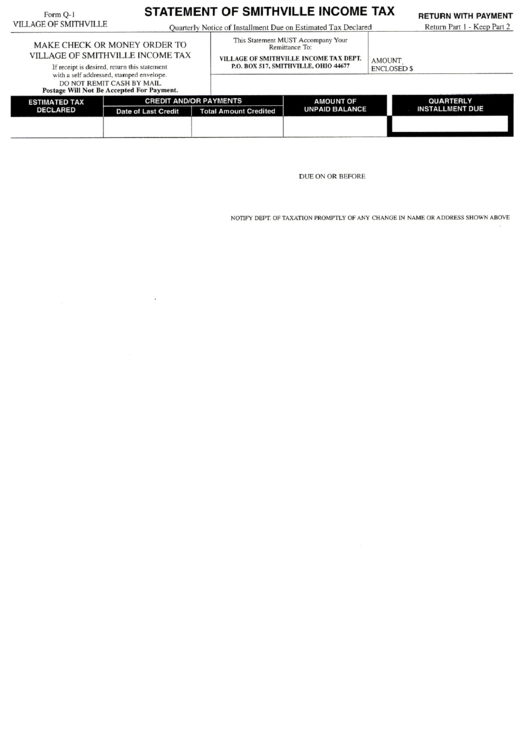 Form Q-1 - Statement Of Smithville Income Tax - State Of Ohio Printable pdf