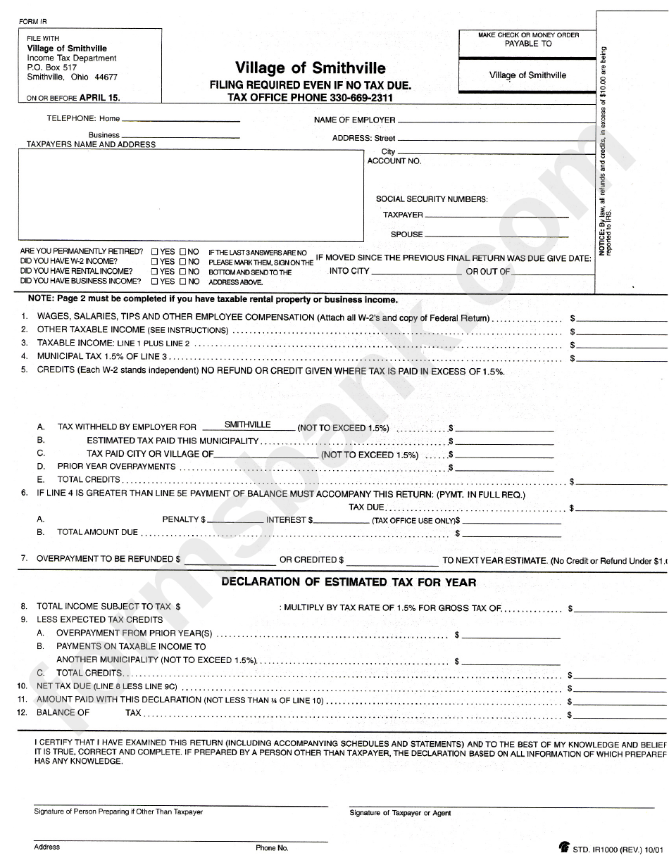 Form Ir - Filing Required Form Even If No Tax Due - State Of Ohio
