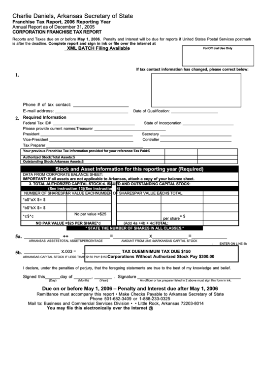 Corporation Franchise Tax Report - Arkansas Secretary Of State - 2006 Printable pdf