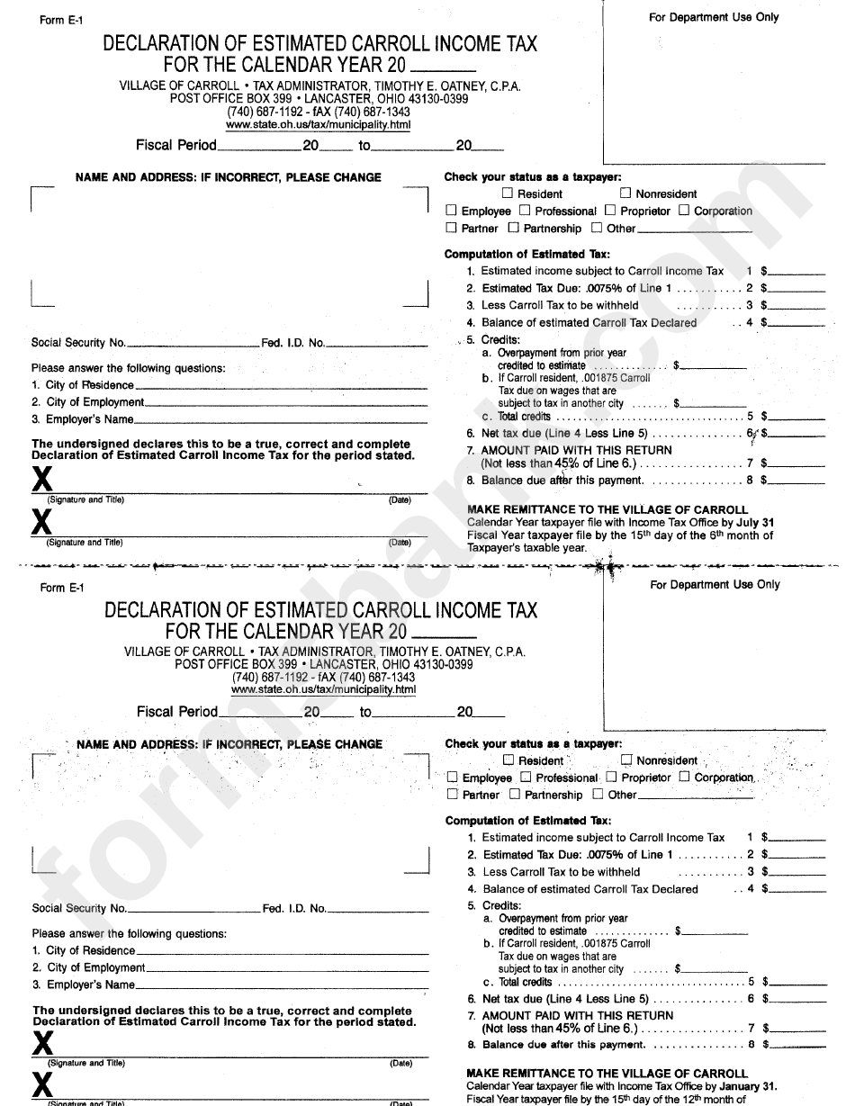 Form E-1 -Declaration Of Estimated Carroll Income Tax