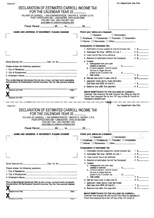 Form E-1 -Declaration Of Estimated Carroll Income Tax Printable pdf