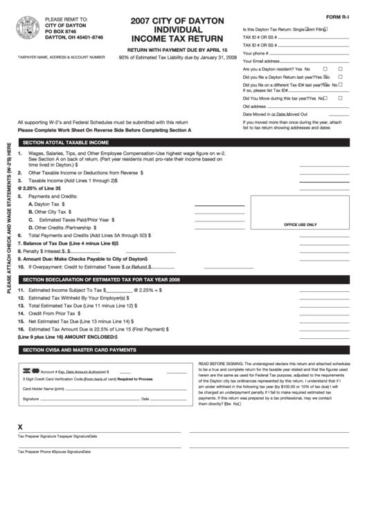 Form R-I - City Of Dayton Individual Income Tax Return - 2007 Printable pdf