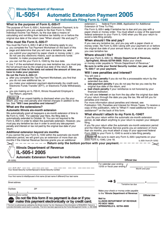 Fillable Form Il-505-I - Automatic Extension Payment For Individuals - 2005 Printable pdf