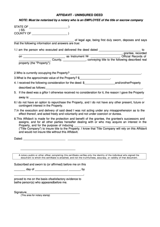 Affidavit Uninsured Deed Fom Printable pdf