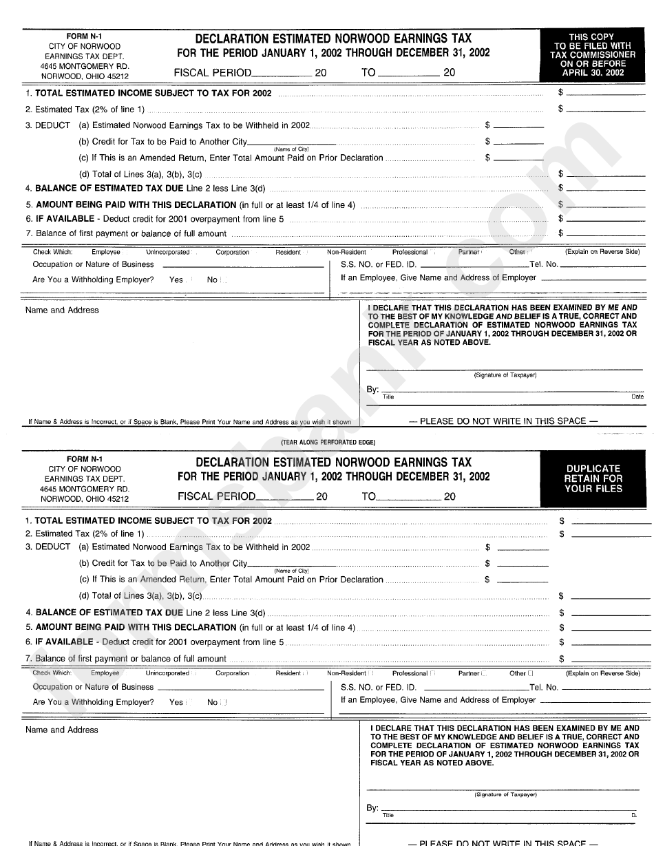 Form N-1 - Declaration Estimated Norwood Earnings Tax - State Of Ohio