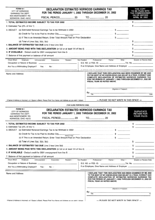 Form N-1 - Declaration Estimated Norwood Earnings Tax - State Of Ohio Printable pdf