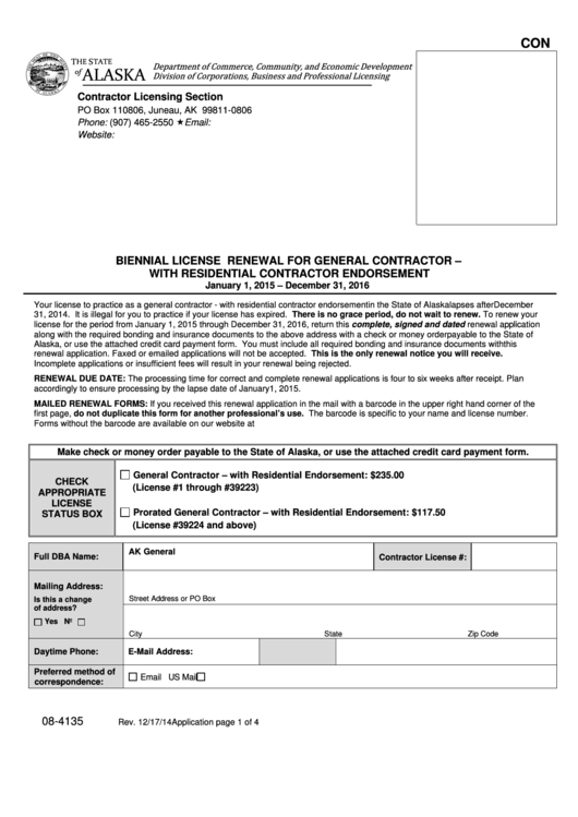 Contractor Licensing Section Form - State Of Alaska Printable pdf