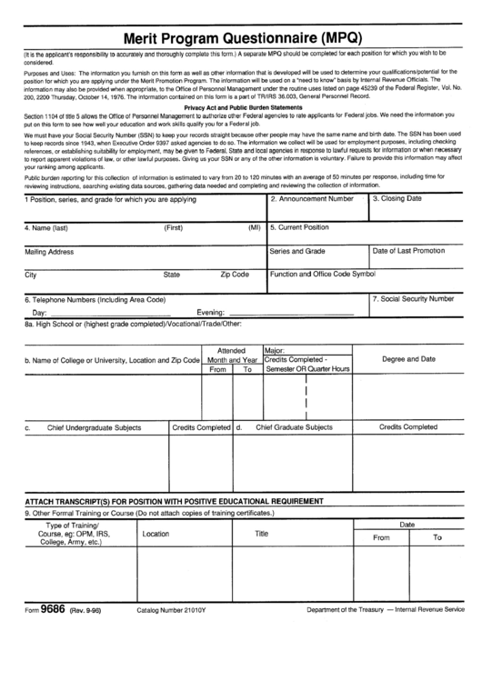 Form 9686 - Merit Program Questionnaire (Mpq) Printable pdf