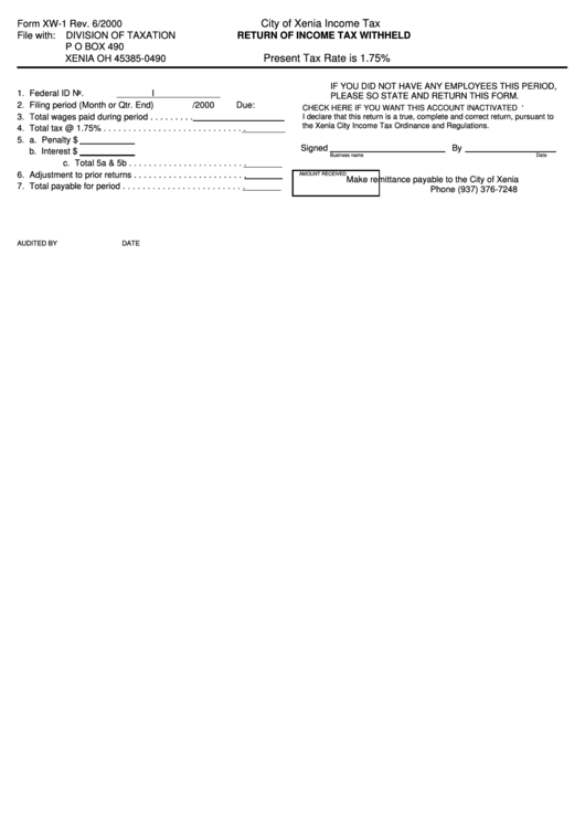 Form Xw-1 - Return Of Income Tax Witheld - State Of Ohio Printable pdf