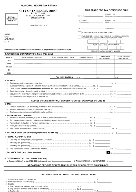 Municipal Income Tax Return Form - City Of Fairlawn Printable pdf